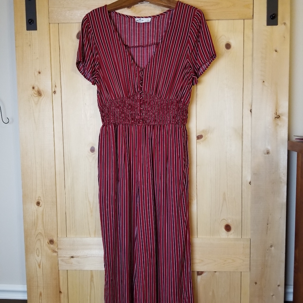 Hollister Button Up Smocked Cinch Waist Pinstripe Wide Leg Pocketed Jump…